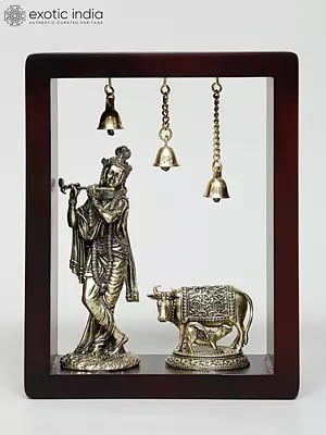 9" Superfine Fluting Lord Krishna with Cow and Calf | Wood Framed Brass Sculptures | Wall Hanging