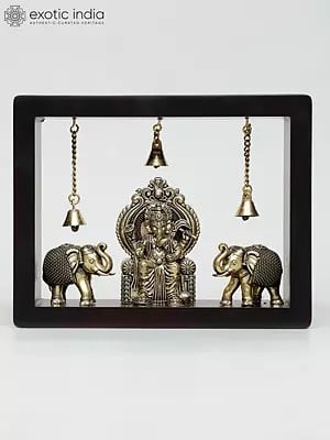 9" Superfine Vighnaharta Ganesha with Elephants | Wood Framed Brass Sculpture | Wall Hanging