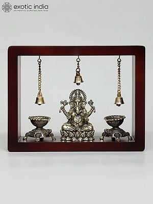 9" Superfine Blessing Lord Ganesha with Tortoise Lamps and Bells | Wood Framed Brass Sculpture | Wall Hanging