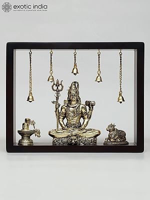 12" Superfine Sitting Lord Shiva with Nandi and Shivalinga | Wood Framed Brass Sculptures | Wall Hanging