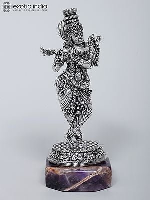 6" Small Brass Superfine Fluting Lord Krishna on Amethyst Gemstone Base