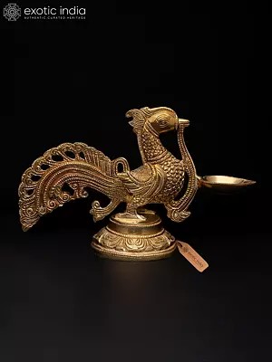 10" Designer Peacock Lamp in Brass for Temple | Made in India