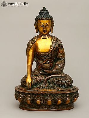 10" The Lord Buddha in Bhumisparsha Mudra (Robes Decorated with the Scenes from His Life) In Brass | Handmade | Made In India