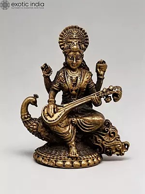 2" Small Devi Saraswati Playing Veena on Peacock - Goddess of Knowledge & Music | Copper Statue | Made in India