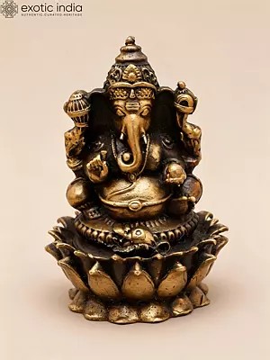 Small Copper Idol: Chaturbhuja Lord Ganesha on Lotus (3-inch)