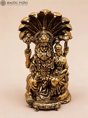 Copper Statue of Lakshmi Narasimha Seated on Sheshnag (3" Small)