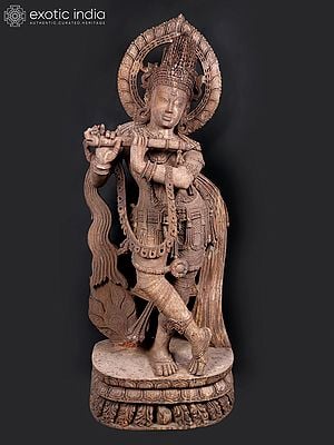 72" Large size Lord Krishna Playing Flute | Khondalite Stone Sculpture