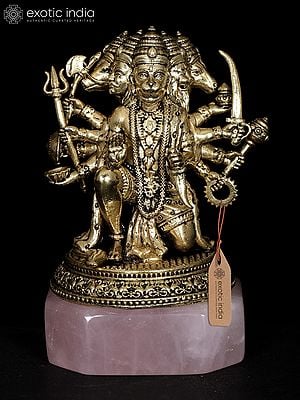 4" Small Brass Superfine Panchamukhi Lord Hanuman on Rose Quartz Gemstone Base