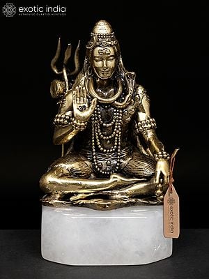 4" Small Brass Superfine Blessing Lord Shiva on Clear Quartz Gemstone Base