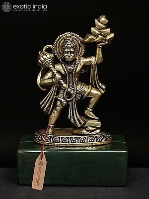 3" Small Brass Superfine Sanjivani Hanuman on Green Aventurine Gemstone Base