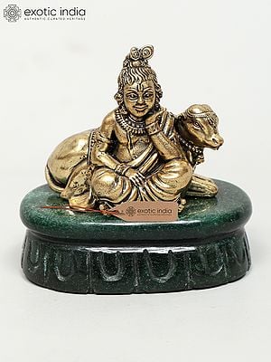 3" Small Brass Superfine Cow Krishna on Green Aventurine Gemstone Base