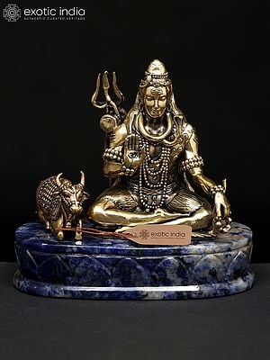 4" Small Brass Superfine Lord Shiva with Nandi on Lapis Lazuli Gemstone Base