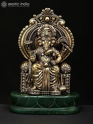 5" Small Brass Superfine Blessing Lord Ganesha Seated on Throne with Green Aventurine Gemstone Base