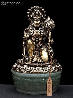 6" Small Brass Superfine Blessing Lord Hanuman on Green Aventurine Gemstone Base