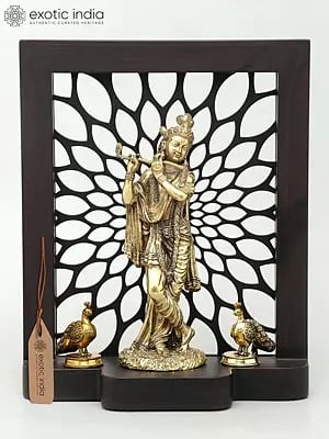 11" Designer Wood Framed Superfine Lord Krishna Statue in Brass with Peacocks