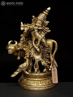 5" Small Fluting Lord Krishna with Cow and Peacock | Brass Statue