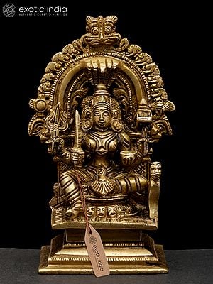 5" Small Goddess Mariamman Seated on Kirtimukha Throne | Brass Statue