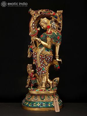18" Celestial Nymph with Parrot Passing Message | Apsara Brass Statue with Inlay Work