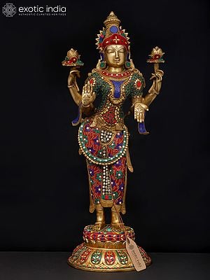24" Four Armed Standing Goddess Lakshmi | Brass Statue with Inlay Work