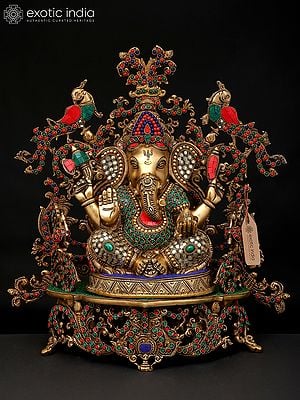 17" Blessing Lord Ganesha Seated on Beautiful Throne | Brass Statue with Inaly Work