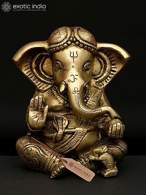 6" Small Sitting Blessing Lord Ganesha | Brass Statue