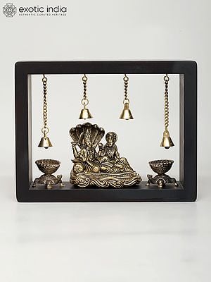 9" Superfine Lakshmi - Narayan Seated on Sheshnag with Tortoise Diya | Wood Framed Brass Sculpture | Wall Hanging
