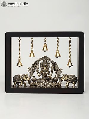 9" Superfine Gajalakshmi with Dangling Bells | Wood Framed Brass Sculpture | Wall Hanging