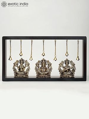 17" Superfine Lakshmi Ganesha Saraswati | Wood Framed Brass Sculptures | Wall Hanging