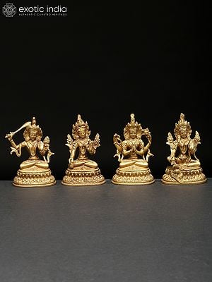 4" Small Set of Four Buddhist Deities (Manjushri, White Tara, Chenrezig, Green Tara) | Brass Statues