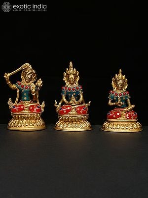 4" Small Set of Three Buddhist Deities | Brass Statues with Inlay Work