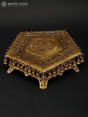19" Pentagon Shaped Brass Pedestal (Chowki) with Dangling Bells