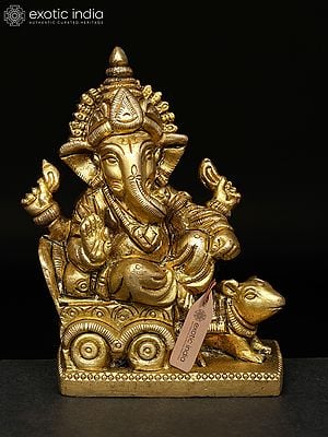 3" Small Brass Lord Ganesha Idol Riding a Mouse Chariot | Handmade | Made in India