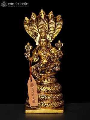 5" Lord Vishnu Brass Idol with Goddess Lakshmi Seated on Sheshanaga