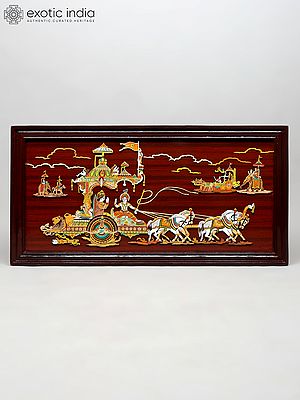 48" Mahabharata War View With Geeta Updesh | Natural Color On 3D Wood Painting With Inlay Work