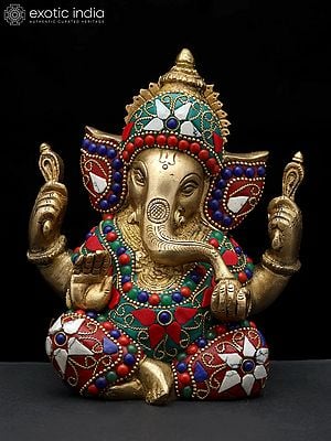 6" Small Four Armed Sitting Lord Ganesha | Brass Statue with Inlay Work