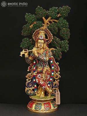 24" Lord Krishna Playing Flute Unde The Tree | Brass Statue with Inlay Work
