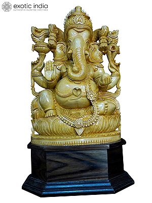 24" Four Armed Lord Ganesha | Handmade White Wood Statue