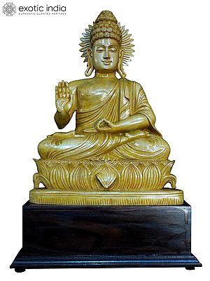 24" Lord Buddha Seated On Lotus Flower | Handmade White Wood Statue