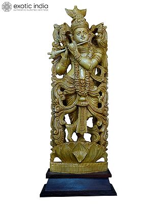 27" Standing Krishna Playing Flute | Handmade White Wood Statue