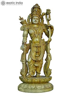 26" Lord Rama Standing On Lotus Flower | Handmade White Wood Statue