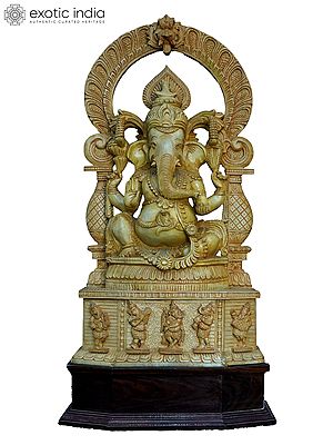 27" Chaturbhuja Ganesha Seated On Kirtimukha Throne | Handmade White Wood Statue