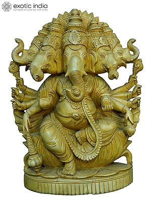 14" Panchamukhi Ganesha With Many Hands | Handmade White Wood Statue