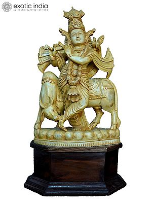 24" Lord Krishna With Cow | Handmade White Wood Statue