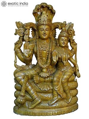 22" Lakshmi Narayan Seated On Vasuki Naag | Handmade White Wood Statue