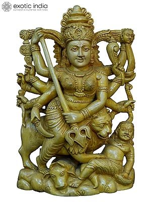 18" Mahishasurmardini Goddess Durga | Handmade White Wood Statue