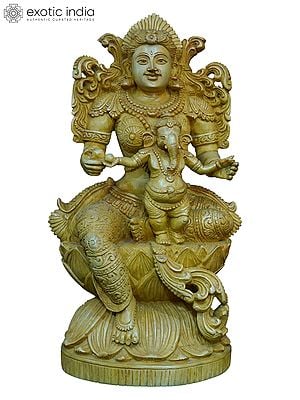 16" Goddess Parvati With Little Ganesha | Handmade White Wood Statue