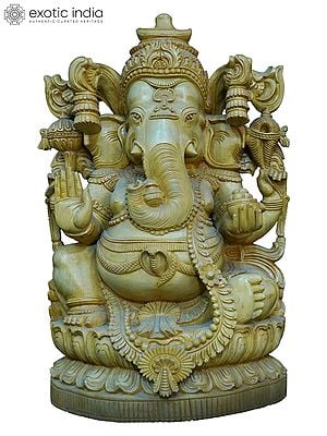 25" Wood Sculpture Of Lord Ganesha With Carving | Handmade White Wood Statue