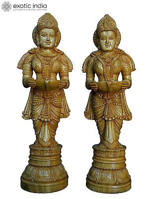 23" The Pair Of Deeplakshmi Wood Statue For Temple | Handmade White Wood Statue