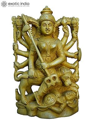 12" Ten Armed Goddess Durga With Trident | Handmade White Wood Statue