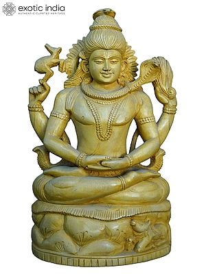 14" Lord Shiva Seated In Dhyana Mudra | Handmade White Wood Statue